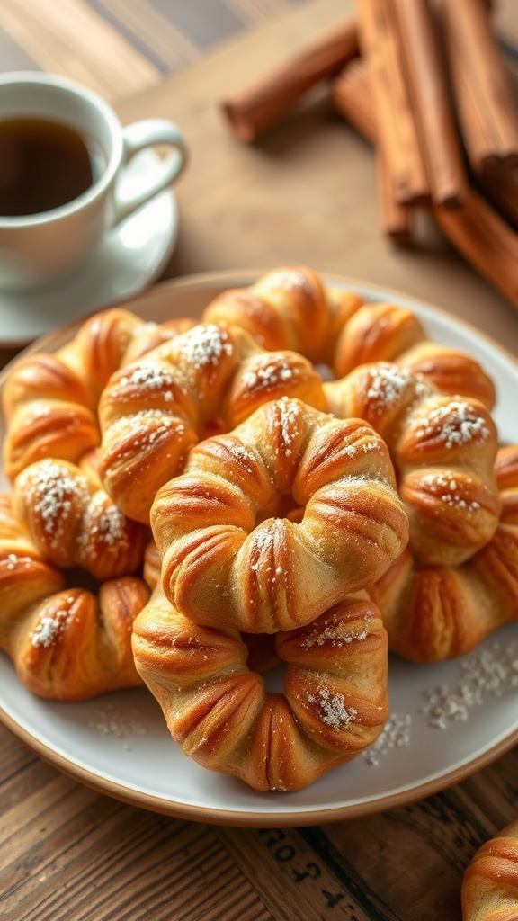 Crispy cinnamon sugar palmiers on a plate with powdered sugar, alongside a cup of coffee on a rustic table.